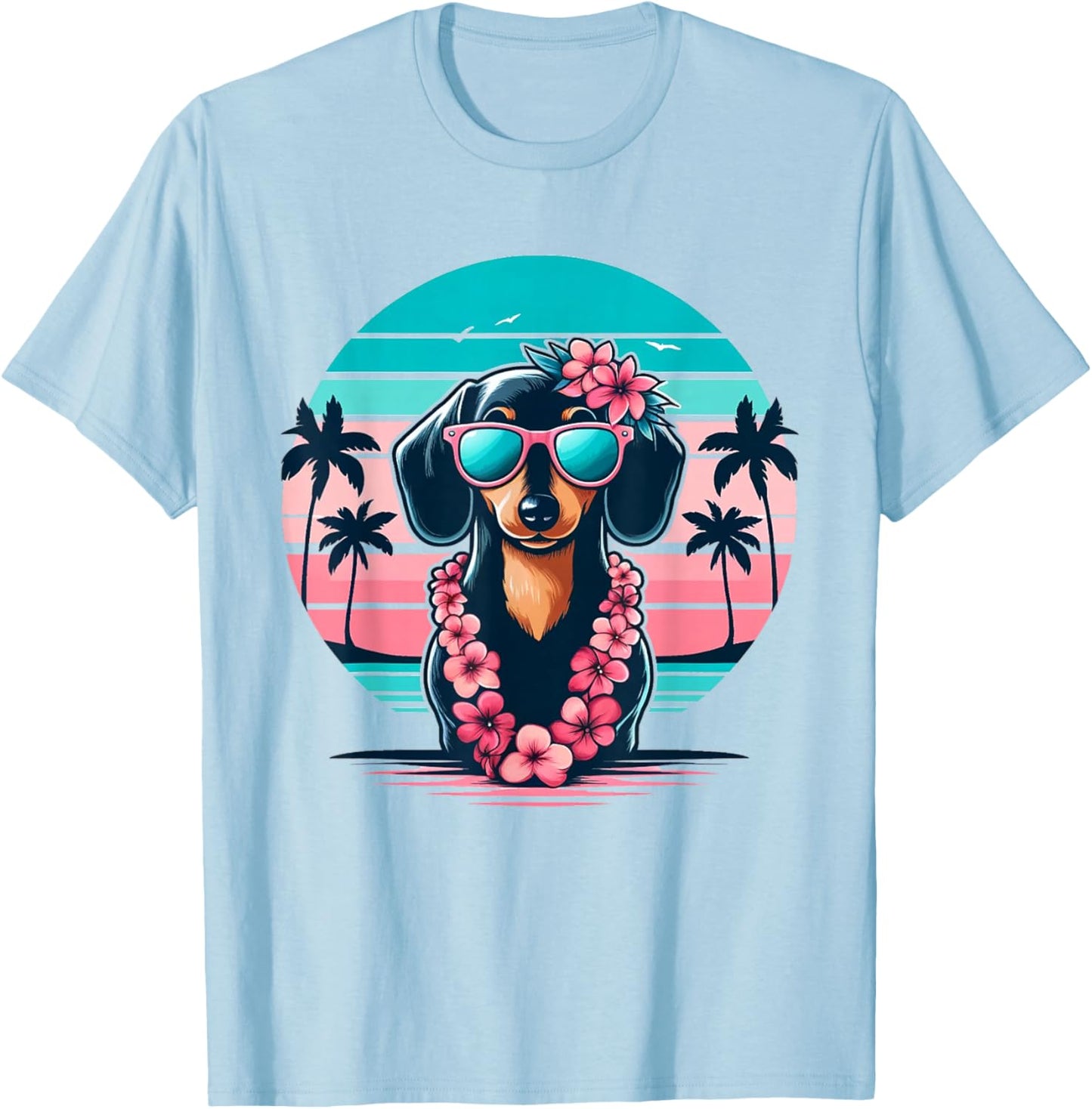 Retro Hawaiian Dachshund Dog Tropical Floral Summer Vibes T-Shirt - T-Shirt | Light Blue
