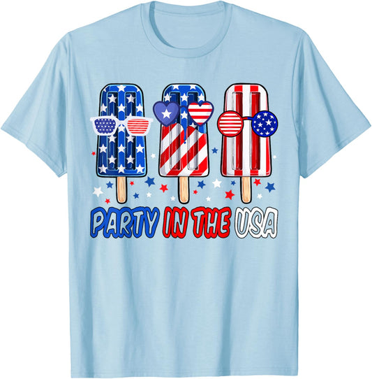 Party In USA 4th July Popsicle Shirt Boys USA Flag American T-Shirt - T-Shirt | Light Blue