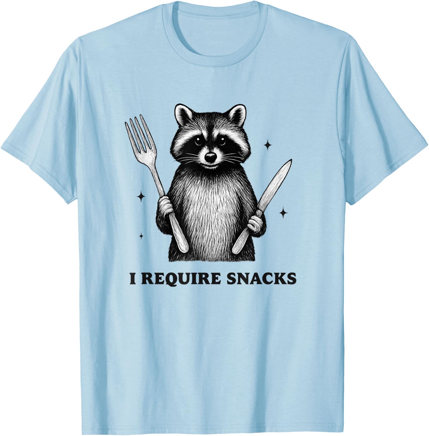 i Require Snacks Raccoon. Funny Animal Humor for Snack Lover T-Shirt - T-Shirt | Light Blue