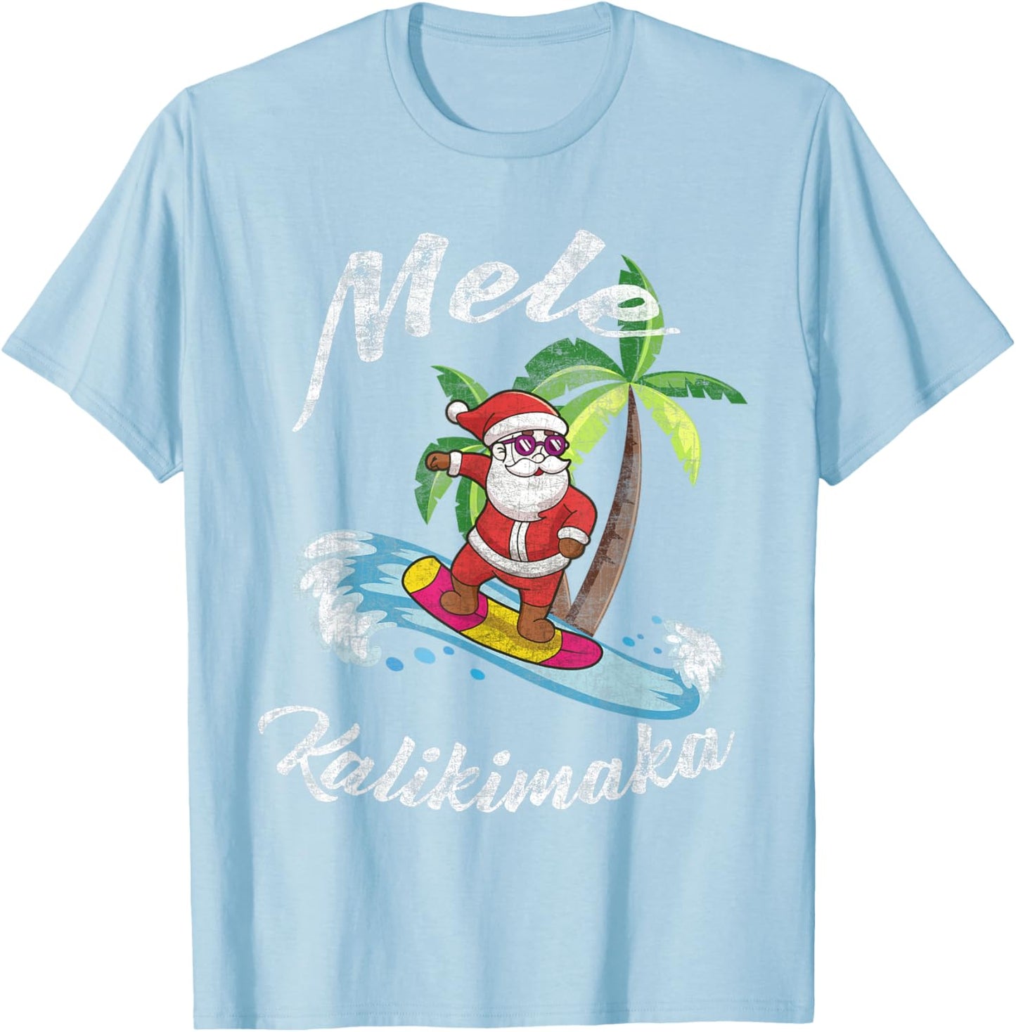 Mele Kalikimaka Hawaii Christmas Surfing Santa T-Shirt - T-Shirt | Light Blue