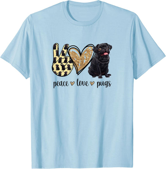 Funny Peace Love Black Pug Lover T-Shirt - T-Shirt | Light Blue