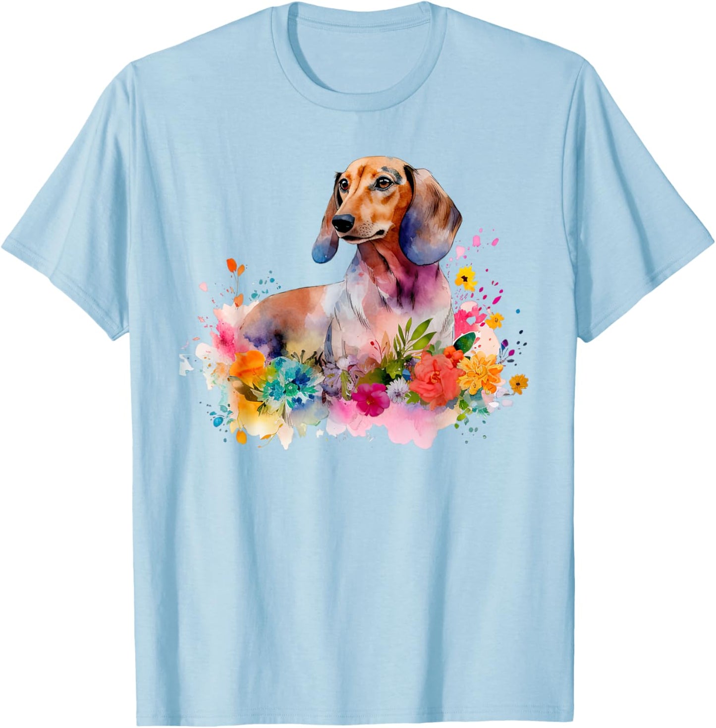 Dachshund Watercolor Art Dog Dog Breed Woman Kids Floral T-Shirt - T-Shirt | Light Blue