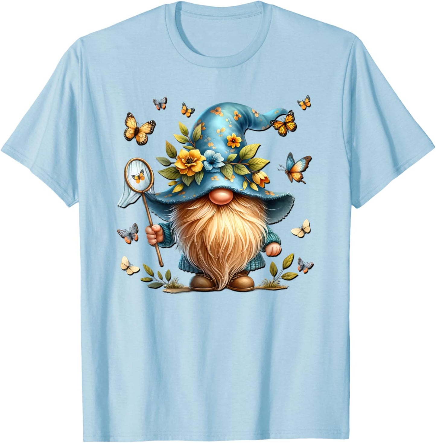 Colorful Butterfly Summer Gnome Graphic Spring T-Shirt - T-Shirt | Light Blue