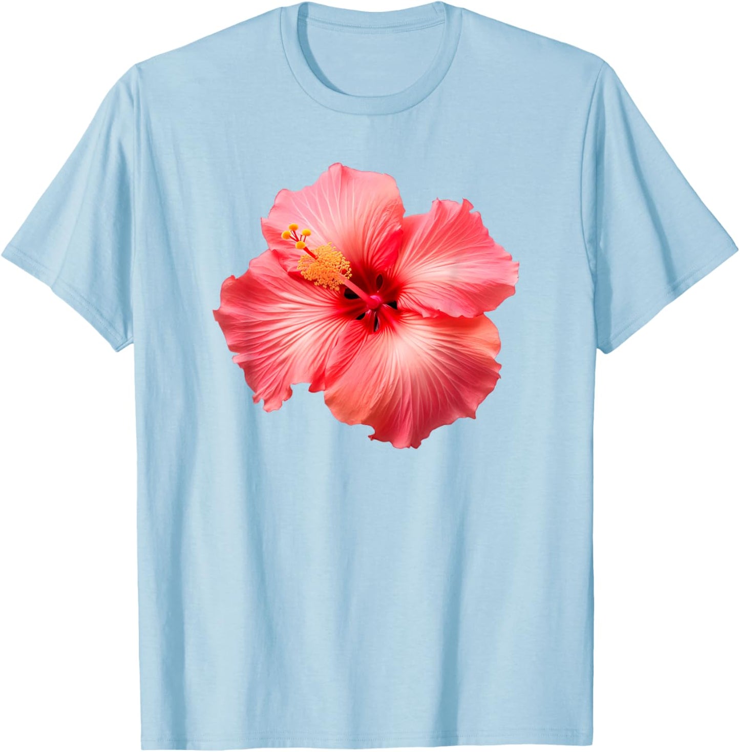 Flirty Pink Hibiscus Flower Vintage Hawaiian T-Shirt - T-Shirt | Light Blue