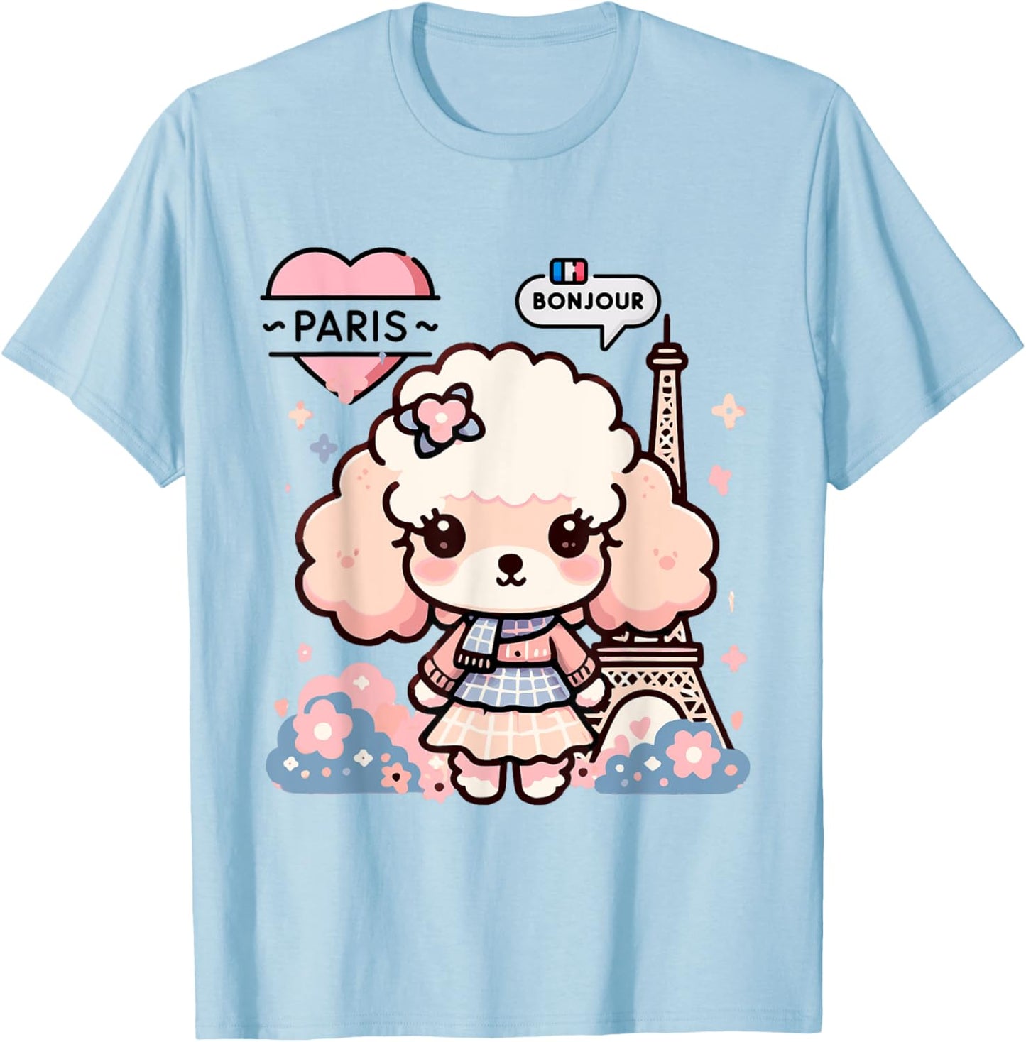 Bonjour French Paris Eiffel Tower Kawaii Toy Poodle Paris T-Shirt - T-Shirt | Light Blue