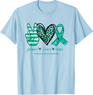 Peace Love Cure Teal Ribbon Ovarian Cancer Awareness T-Shirt - T-Shirt | Light Blue