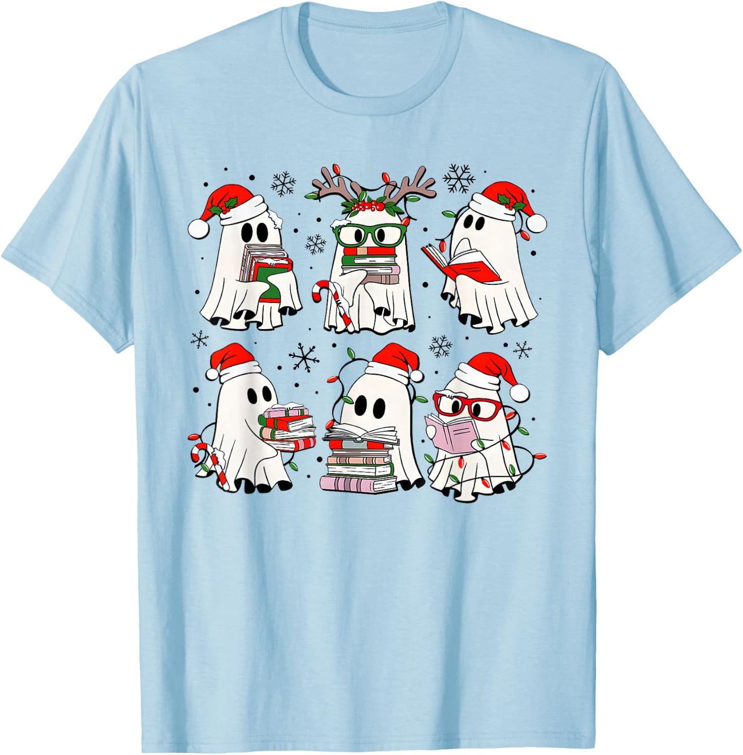 Funny Ghost Book Reading Christmas Books Lover Teacher Kids T-Shirt - T-Shirt | Light Blue