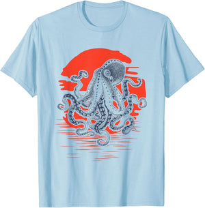 Sunrise Octopus Throwback Retro Vintage Surfer T-Shirt - T-Shirt | Light Blue