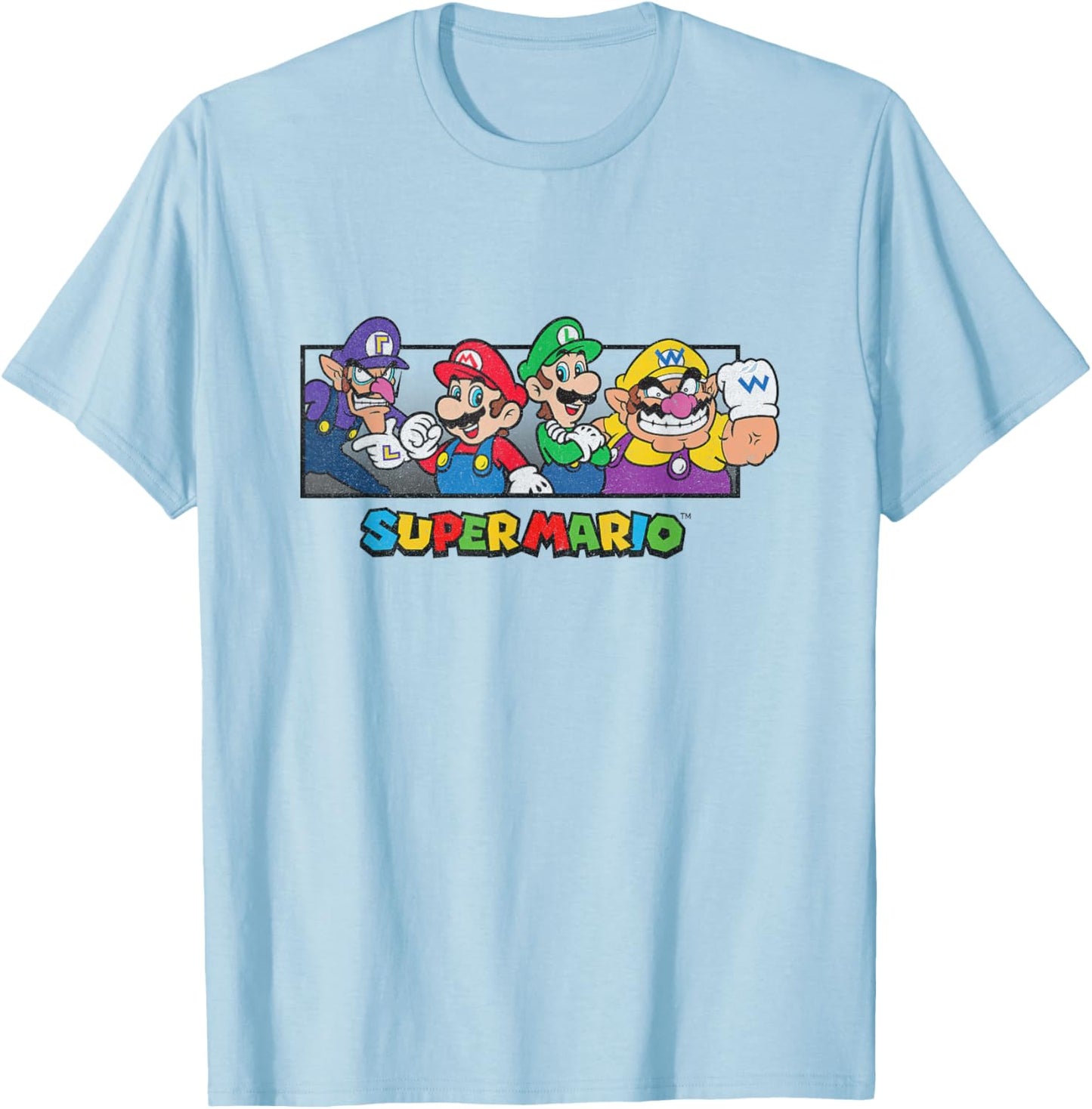 Super Mario Group Shot Mario Luigi Wario Waluigi Retro T-Shirt - T-Shirt | Light Blue