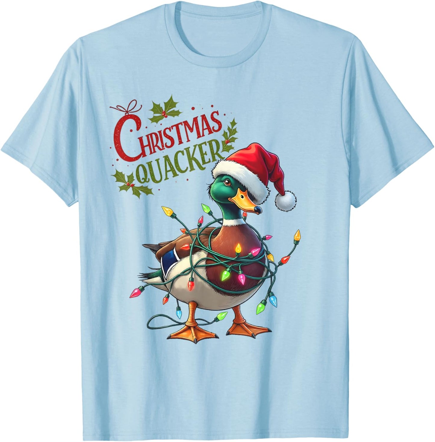 Christmas Quacker Santa Duck Christmas Lights Hunting Season T-Shirt - T-Shirt | Light Blue