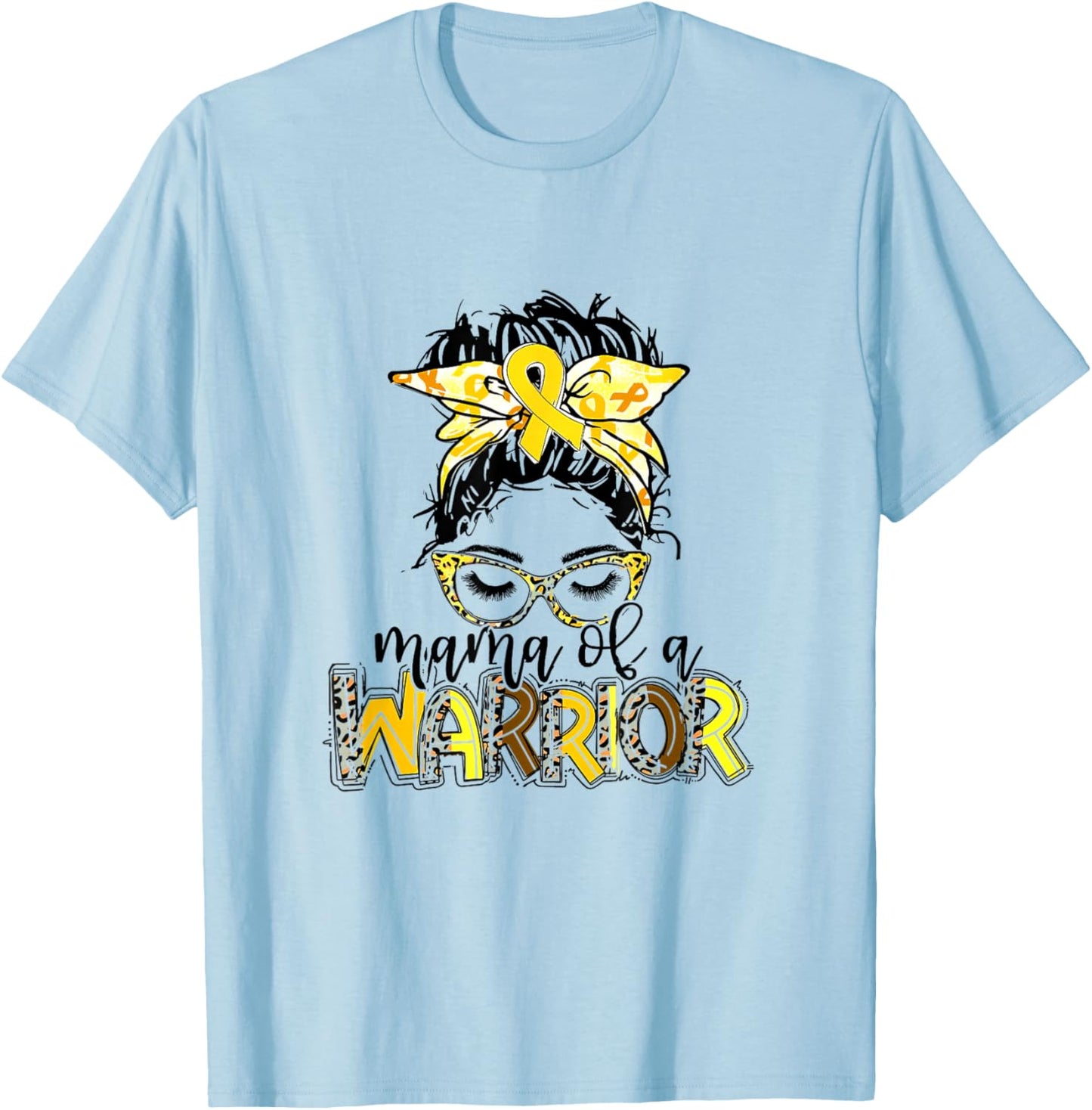 Mama of Warrior Childhood Cancer Ribbon Mom Saying Quote T-Shirt - T-Shirt | Light Blue