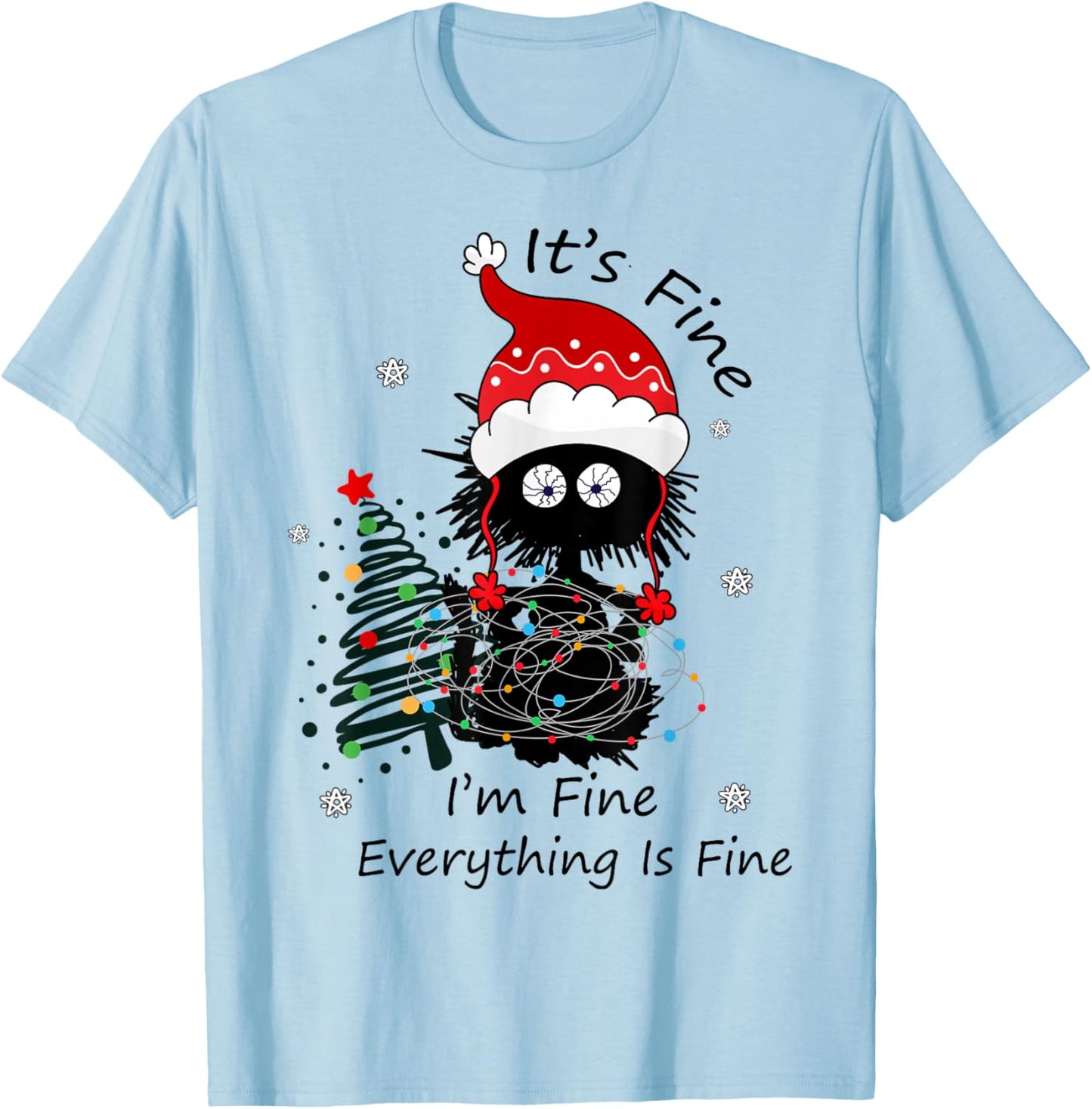 Santa Black Cat Tangled in Christmas Lights T-Shirt - T-Shirt | Light Blue