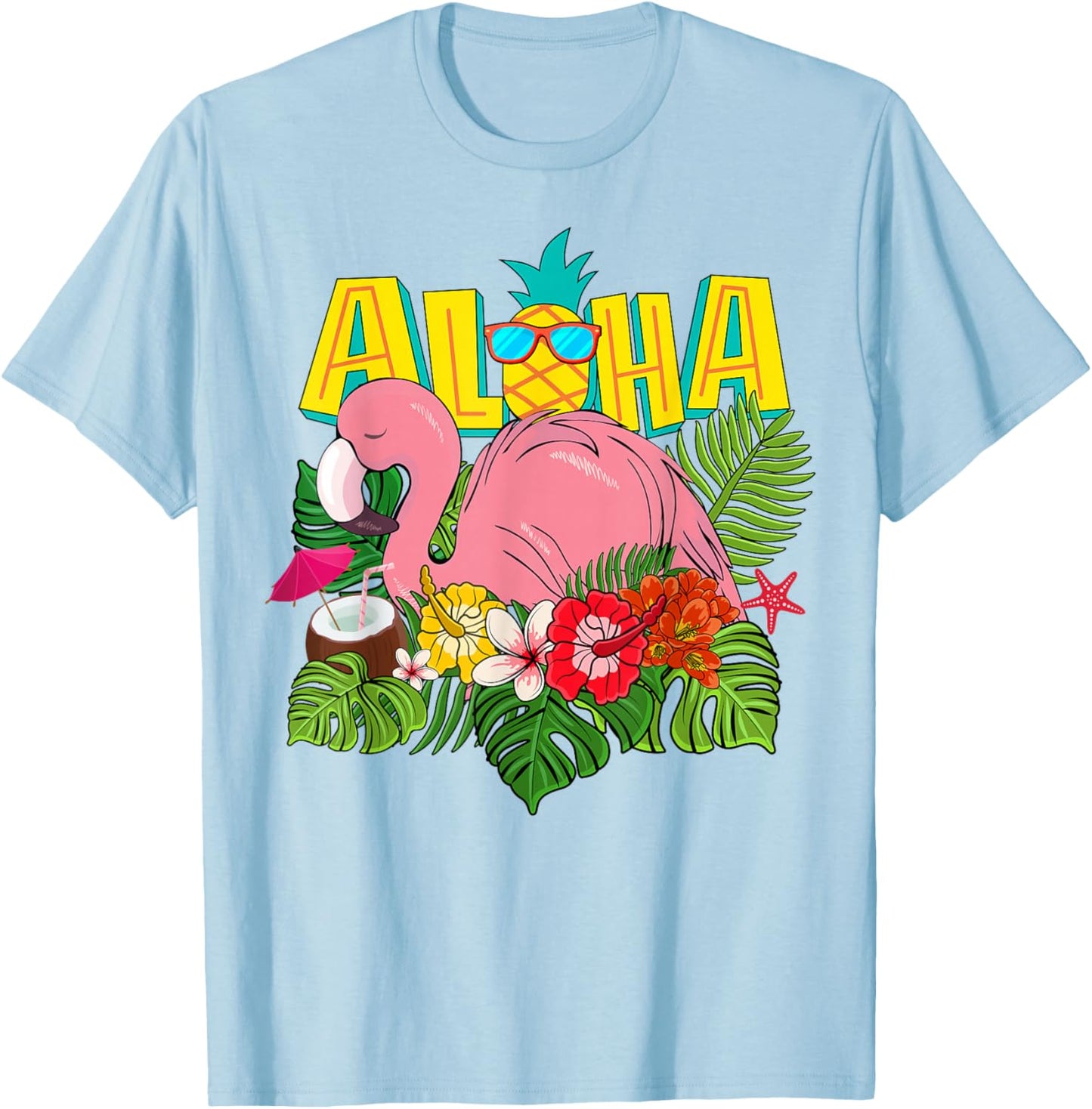 Girl Hawaiian Aloha Flamingo Hawaii T-Shirt - T-Shirt | Light Blue