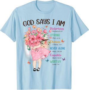 God Says I Am Flowers Christian Bible Verse Kids Girls T-Shirt - T-Shirt | Light Blue