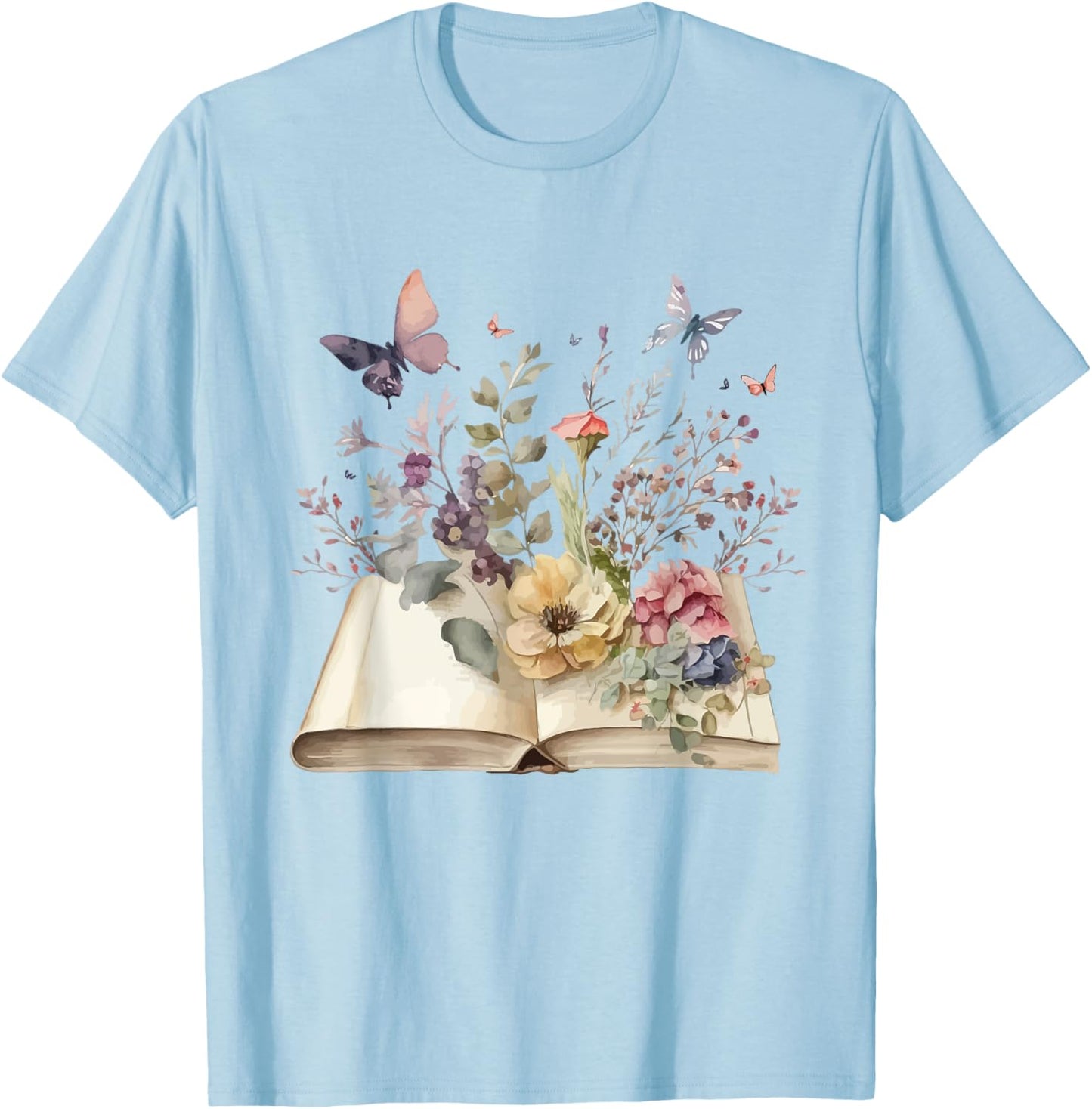 Book Flowers and Butterfly Beautiful Reading Reader Graphic T-Shirt - T-Shirt | Light Blue