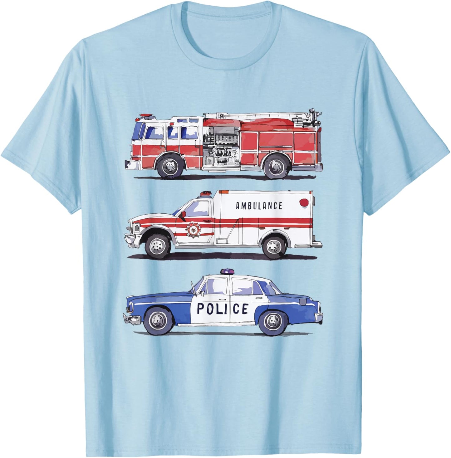 Emergency Rescue Vehicles Police Car Fire Truck Ambulance T-Shirt - T-Shirt | Light Blue