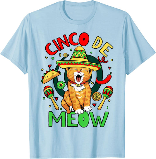 Cinco De Meow Funny Cinco De Mayo Cat Party T-Shirt - T-Shirt | Light Blue