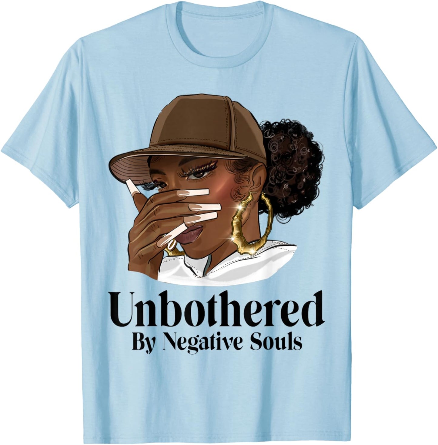 Unbothered African American Afro Queen with Cap Black Woman T-Shirt - T-Shirt | Light Blue