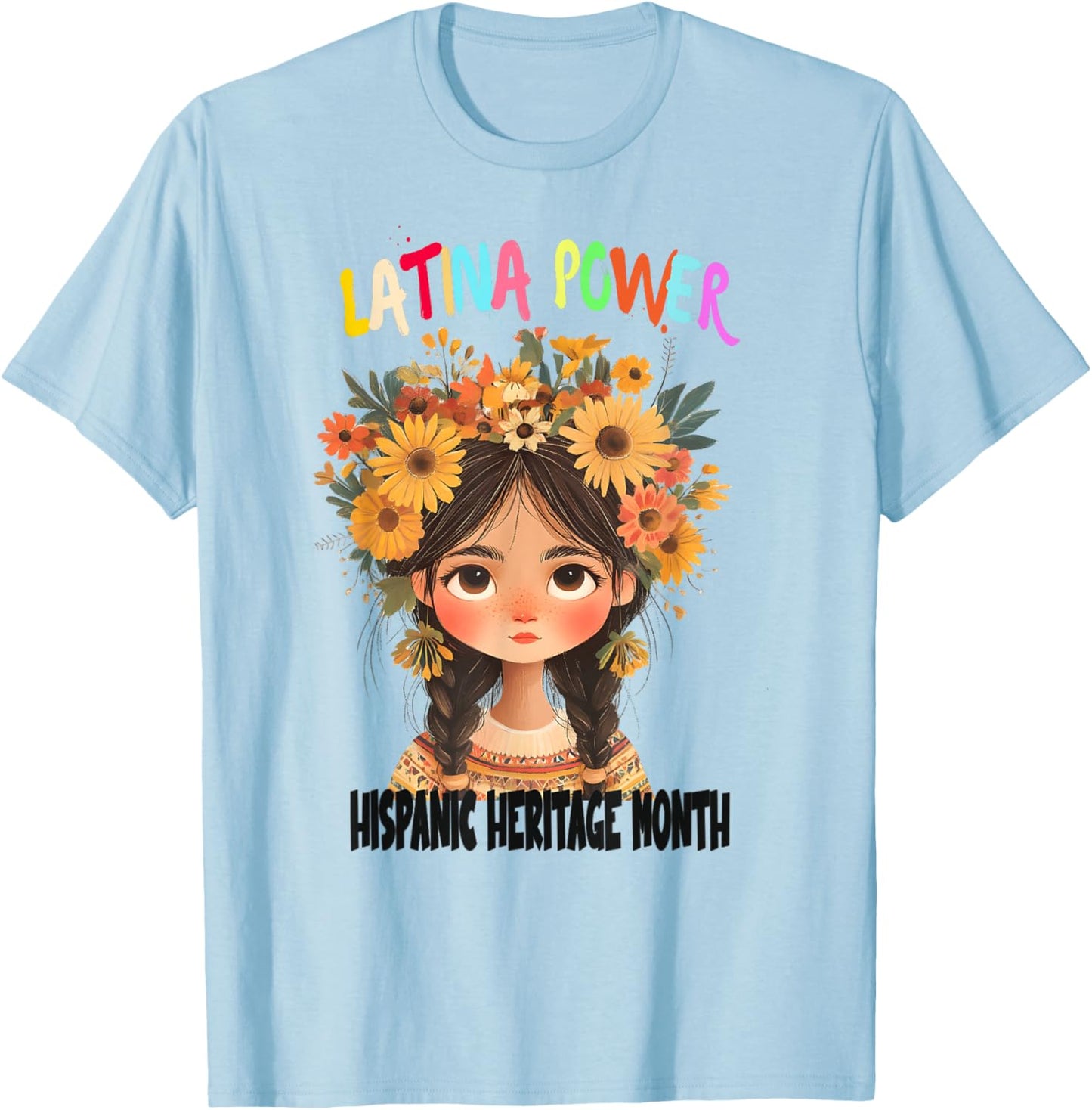 Hispanic Heritage Month Latina Power Anime Girl Flowers T-Shirt - T-Shirt | Light Blue