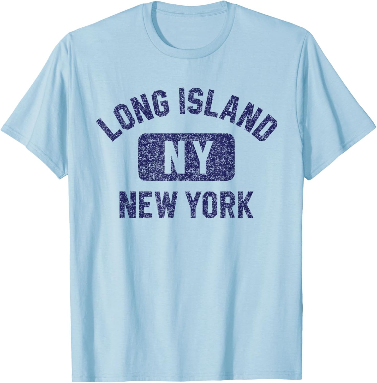 Long Island NY Gym Style Distressed Dark Blue Print T-Shirt - T-Shirt | Light Blue