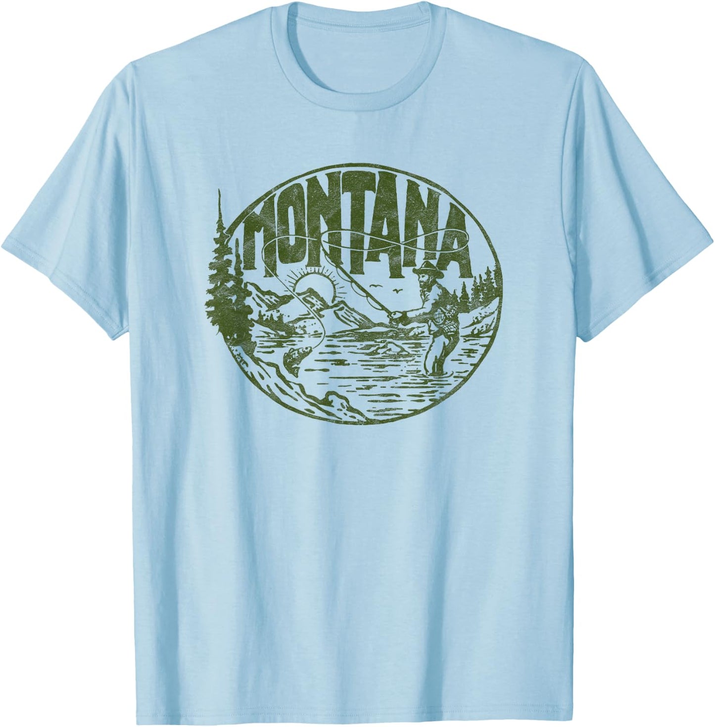 Montana Vintage Fly Fishing Retro Trout Stream Outdoor T-Shirt - T-Shirt | Light Blue