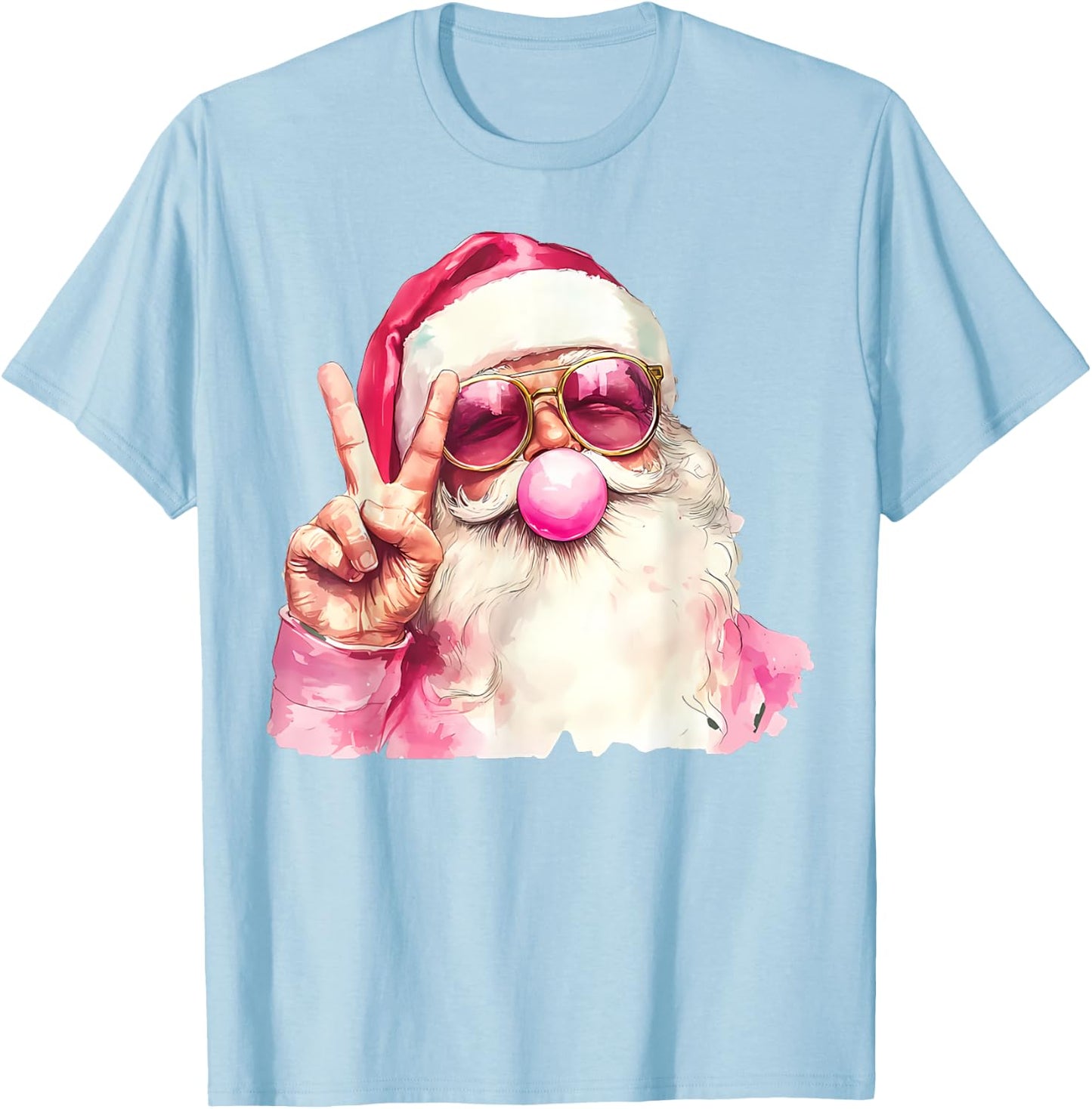 Santa Claus Blowing Bubble Gum Pink Sunglasses Christmas T-Shirt - T-Shirt | Light Blue