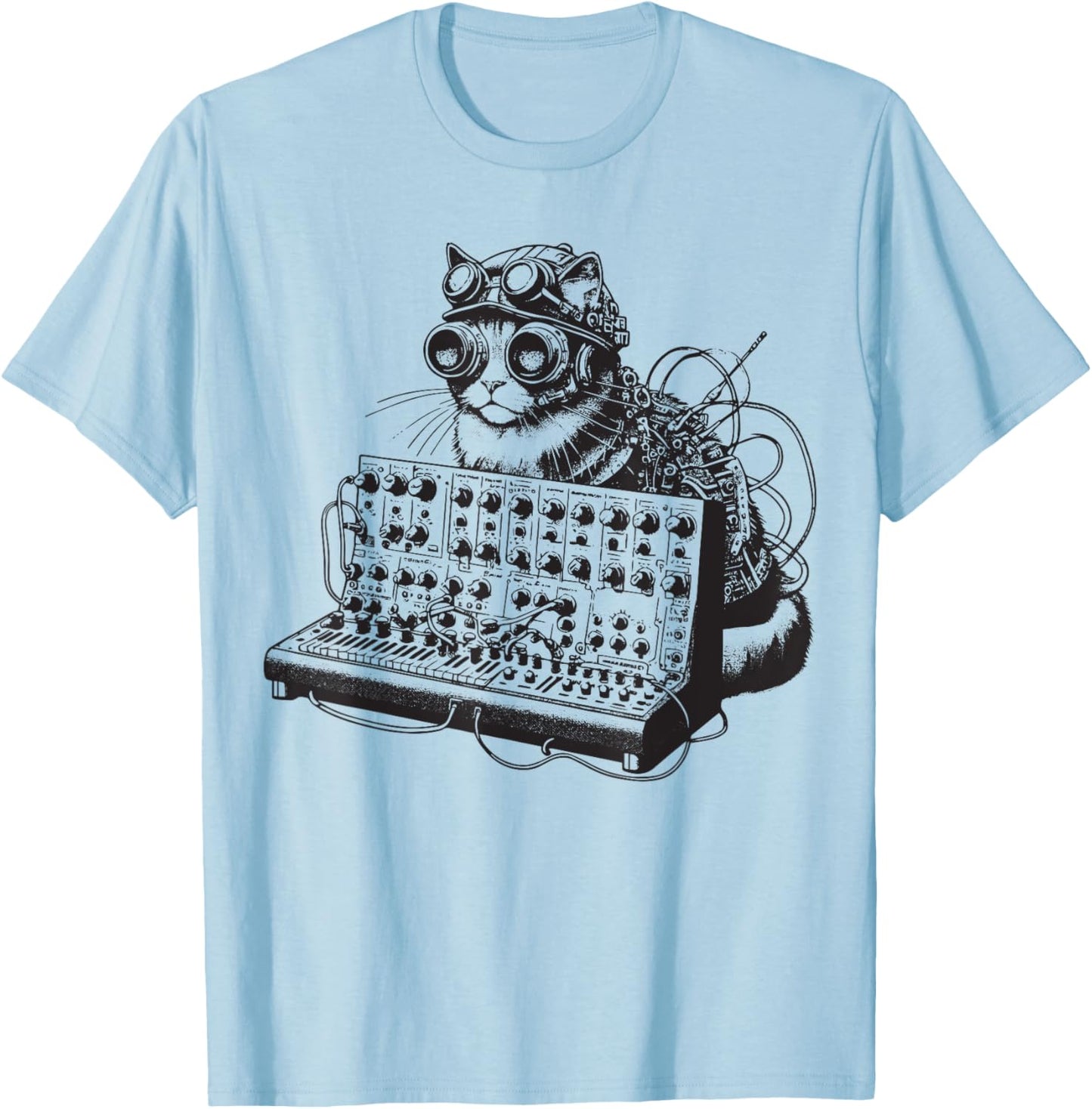 Steampunk Cat playing Synthesizer Synth Kitten Techno Music Men Women T-Shirt - T-Shirt | Light Blue