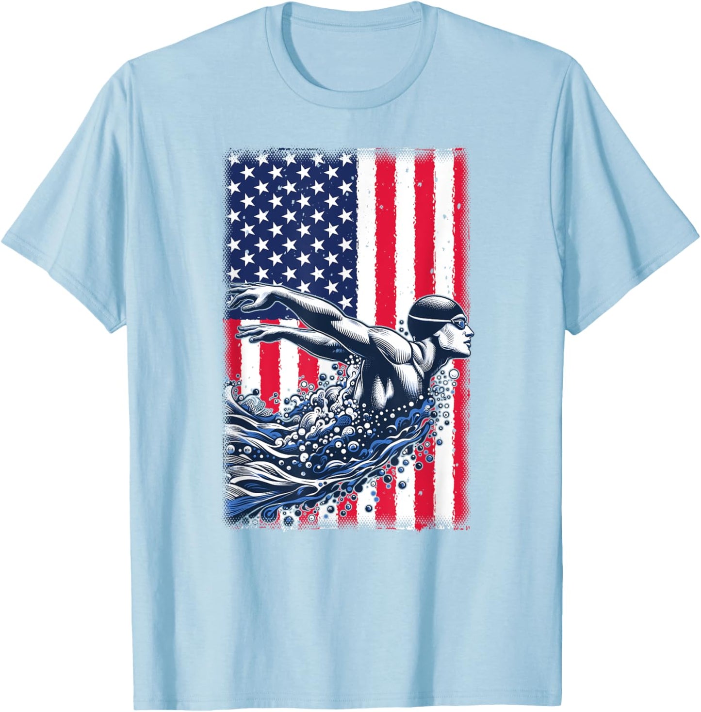 Swimming American Flag USA Swim Sport Team Swimmer Butterfly Women Kids Men T-Shirt - T-Shirt | Light Blue
