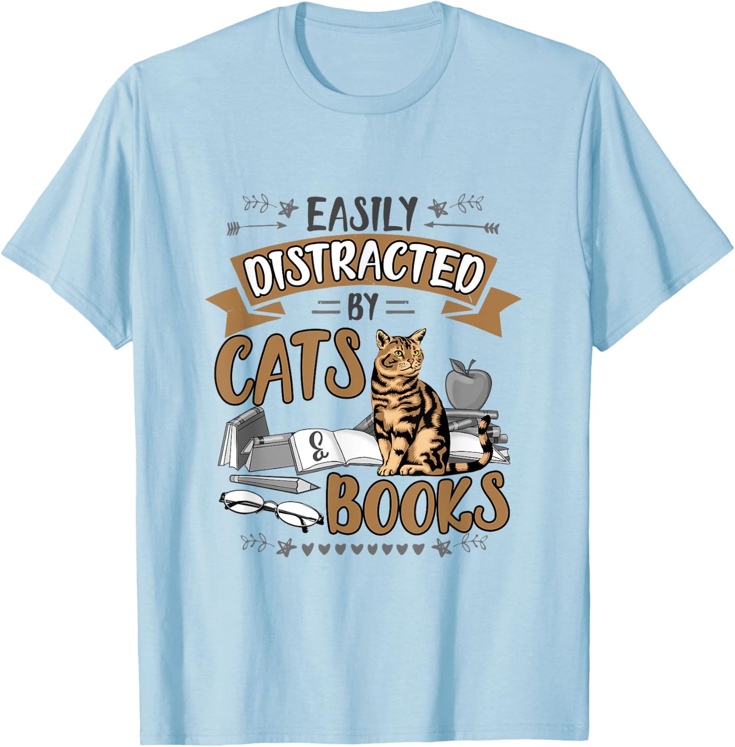 Easily Distracted by Cats and Books Men Women Cat Lovers T-Shirt - T-Shirt | Light Blue