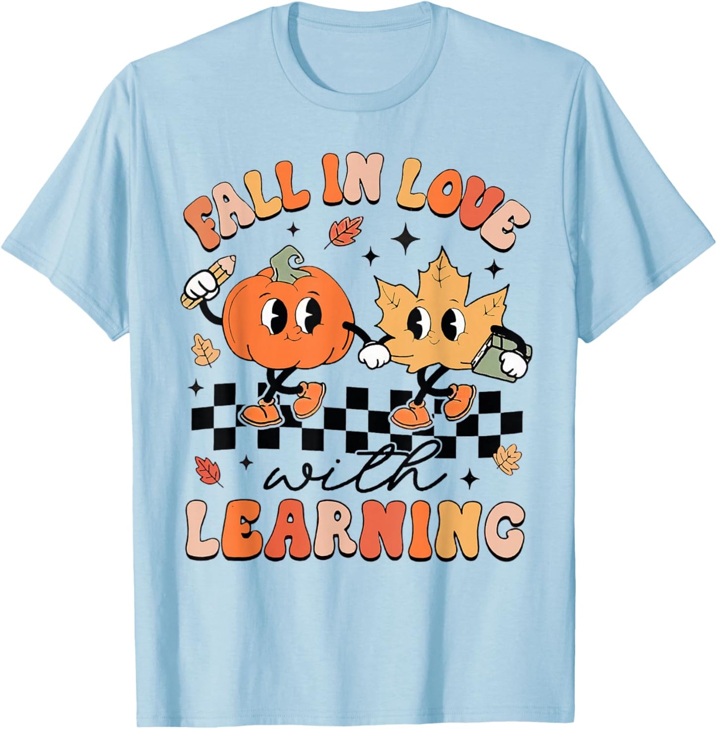 Retro Fall In Love With Learning Autumn Pumpkin Teacher T-Shirt - T-Shirt | Light Blue