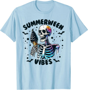 Summerween Vibes Skeleton Ice Cream Summer Vacation Funny T-Shirt - T-Shirt | Light Blue