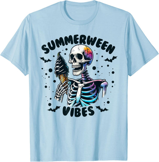 Summerween Vibes Skeleton Ice Cream Summer Vacation Funny T-Shirt - T-Shirt | Light Blue