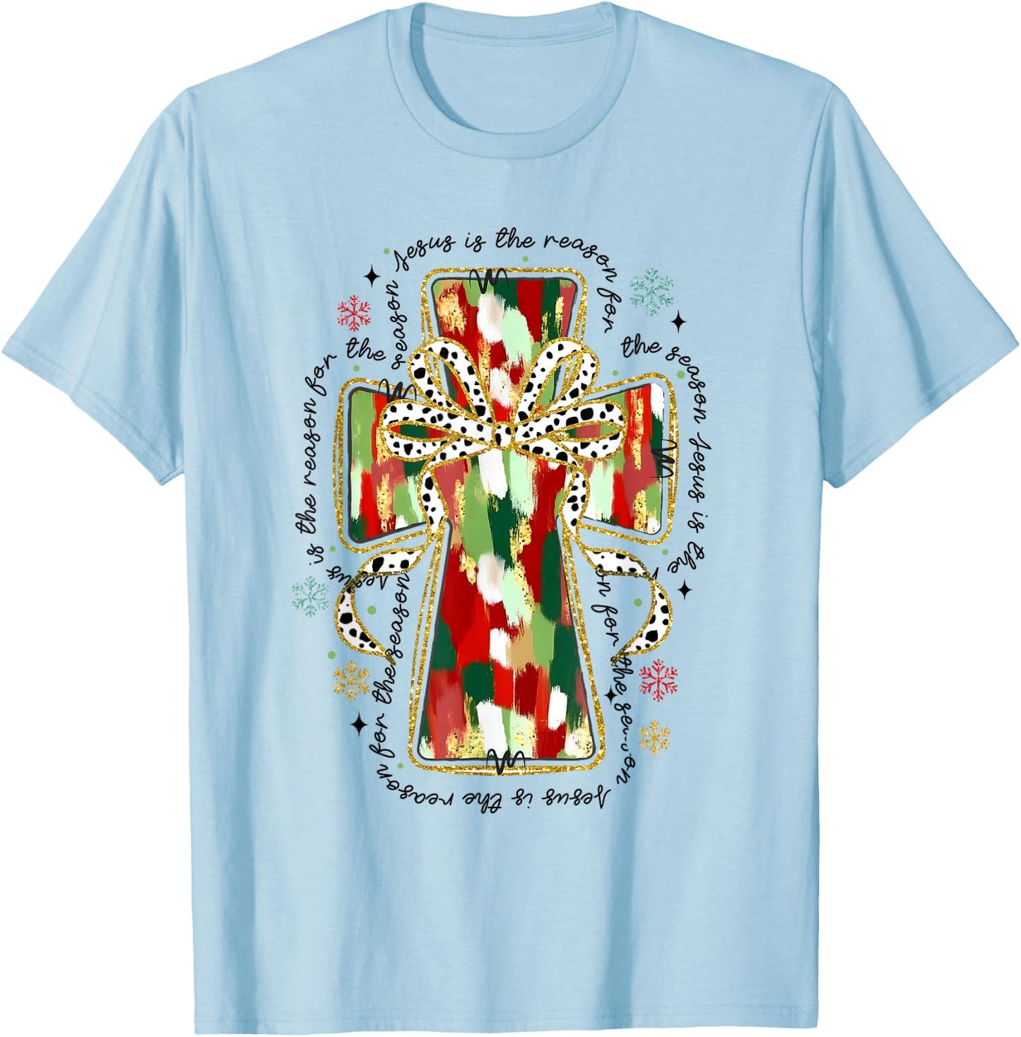 Christmas Jesus is the Reason Christian Cross Coquette Bow T-Shirt - T-Shirt | Light Blue