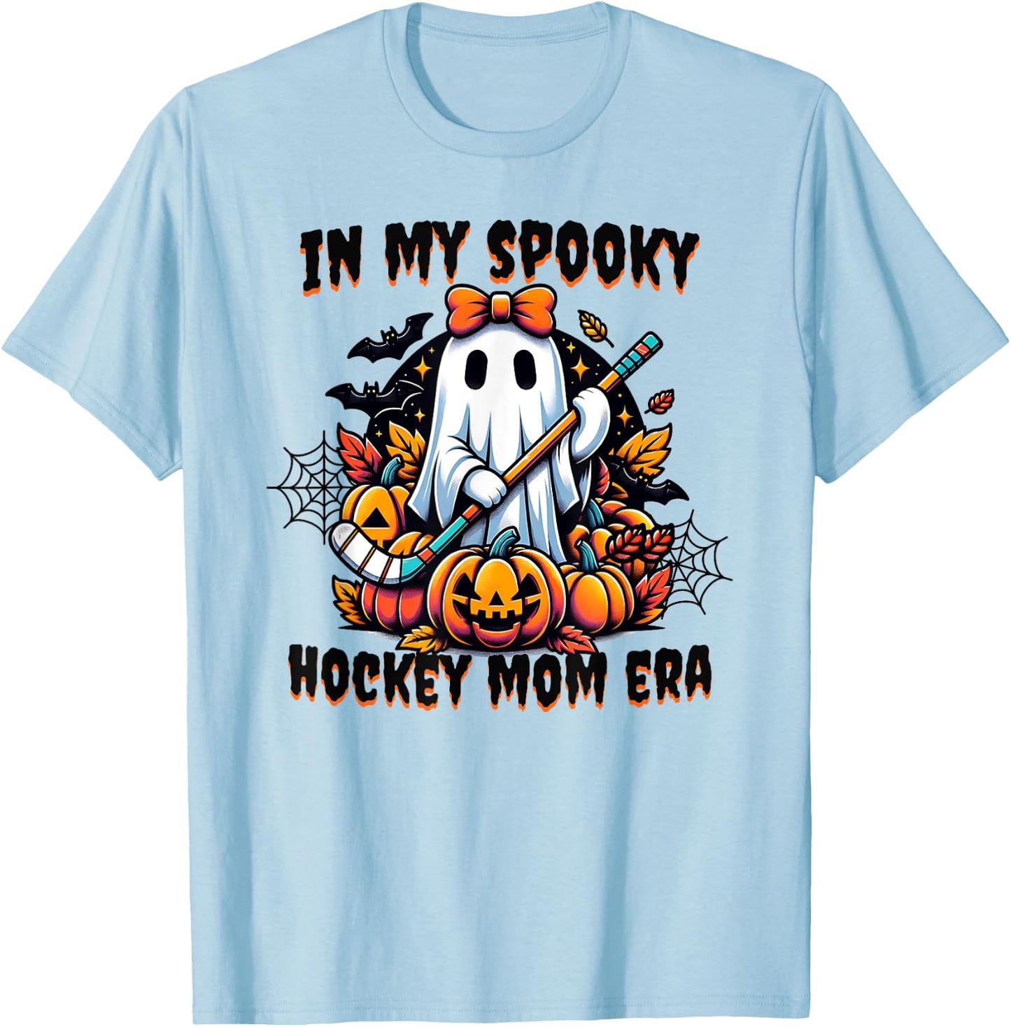 In My Spooky Hockey Mom Era Halloween Coquette Ghost Cute T-Shirt - T-Shirt | Light Blue