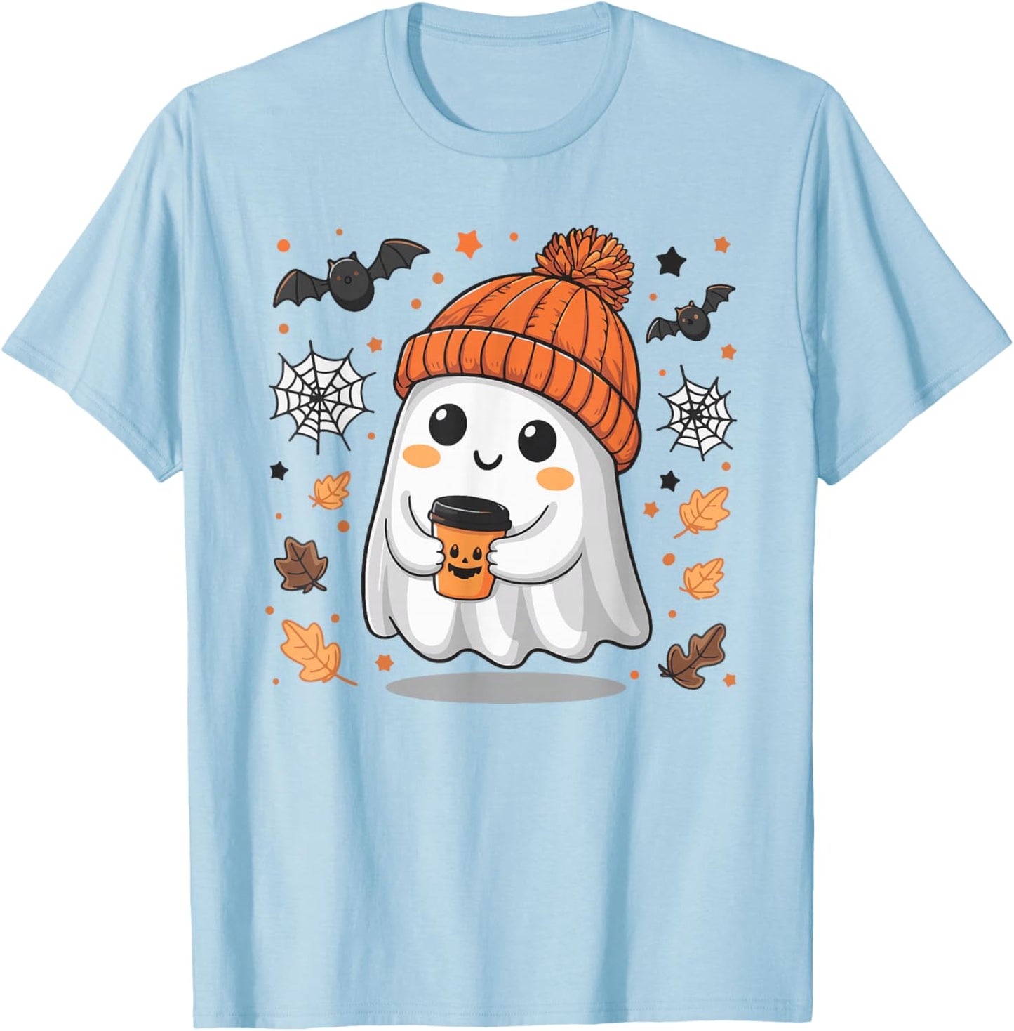 Cute Ghost Drinking Coffee Halloween Ghost Ice Coffee T-Shirt - T-Shirt | Light Blue