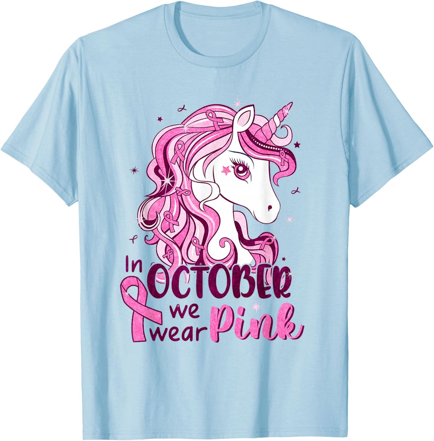 In October We Wear Pink Unicorn Breast Cancer Shirts Girls T-Shirt - T-Shirt | Light Blue
