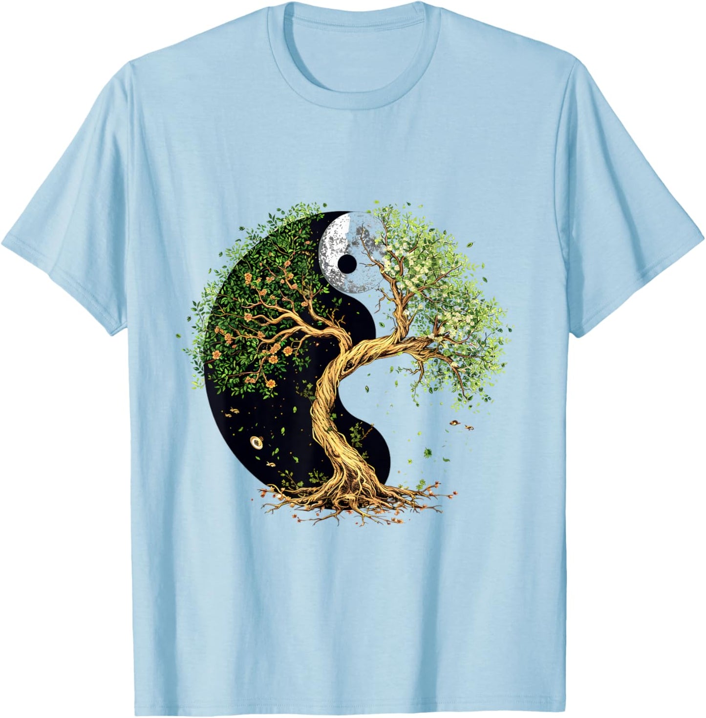 SoulVibes Creations Tree of Balance Yin and Yang , Small, White T-Shirt - T-Shirt | Light Blue