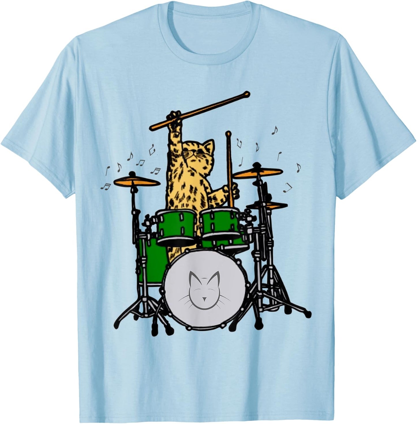Drummer Cat Music Lover Musician Playing The Drums Shirt T-Shirt - T-Shirt | Light Blue