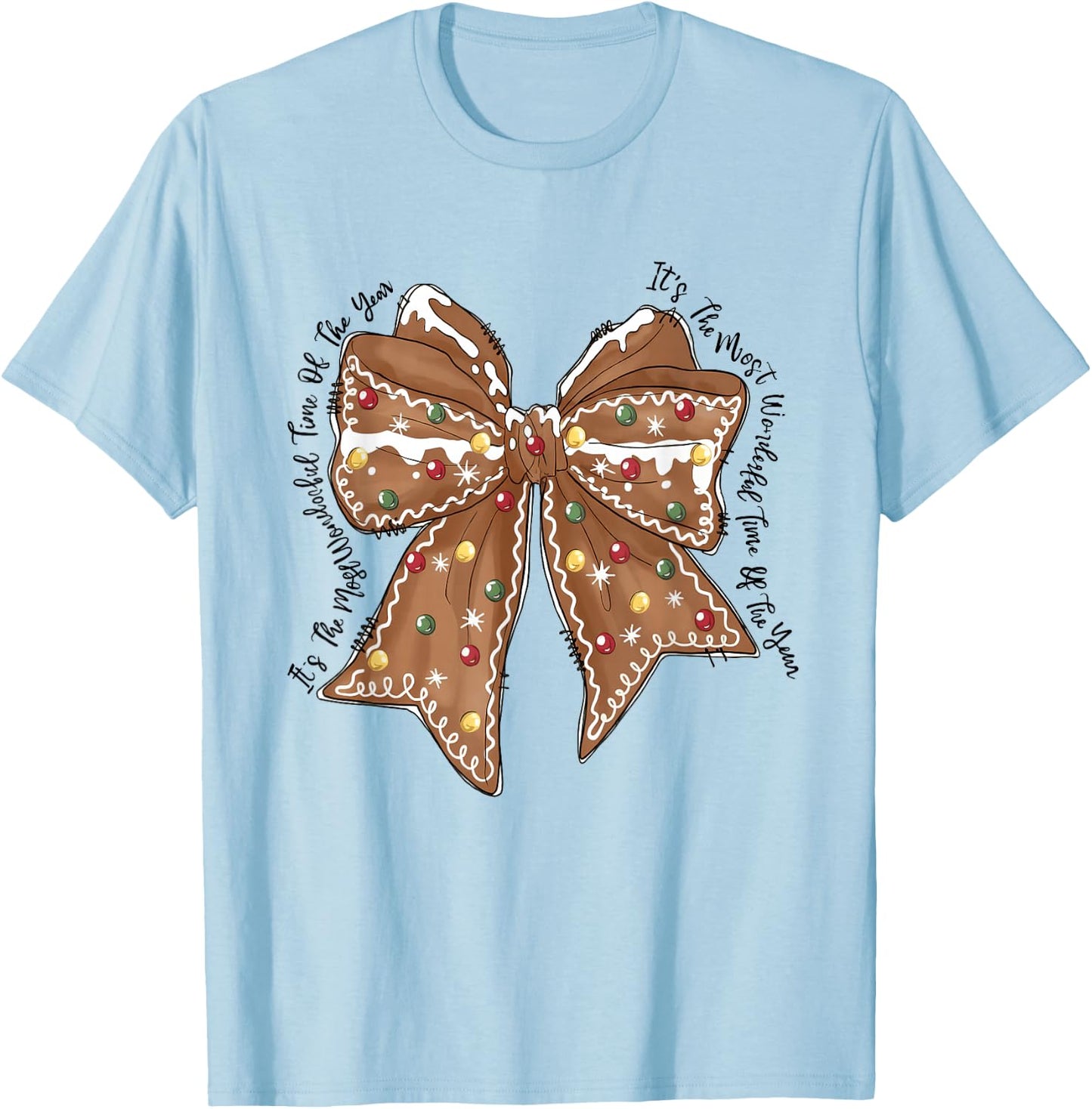 Funny Christmas Outfit Women Kids Christmas Gingerbread Coquette Bow Xmas T-Shirt - T-Shirt | Light Blue