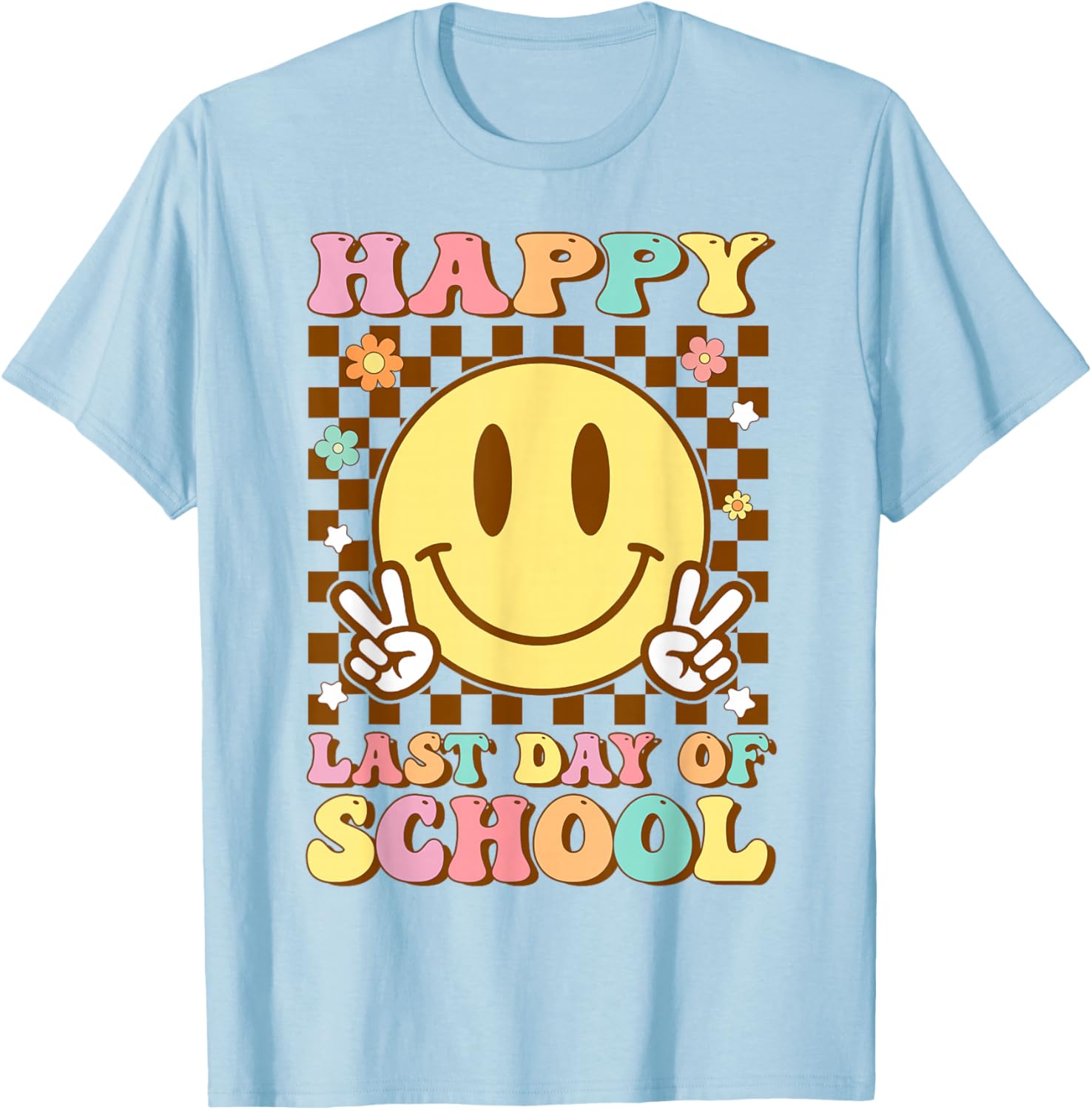 Happy Last Day of School Smile Face Graduation Groovy T-Shirt - T-Shirt | Light Blue