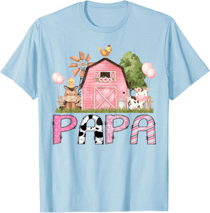 Papa Pink Farm Animal Birthday Kids Matching Family T-Shirt - T-Shirt | Light Blue