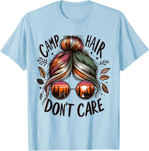 Camp Hair Don't Care Messy Bun Funny Camping Camper Women T-Shirt - T-Shirt | Light Blue
