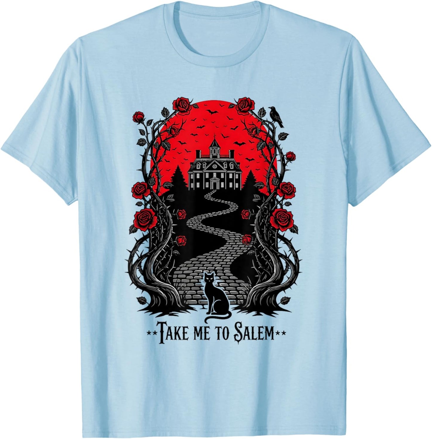 Take Me to Salem Witchy Halloween Cat Design T-Shirt - T-Shirt | Light Blue