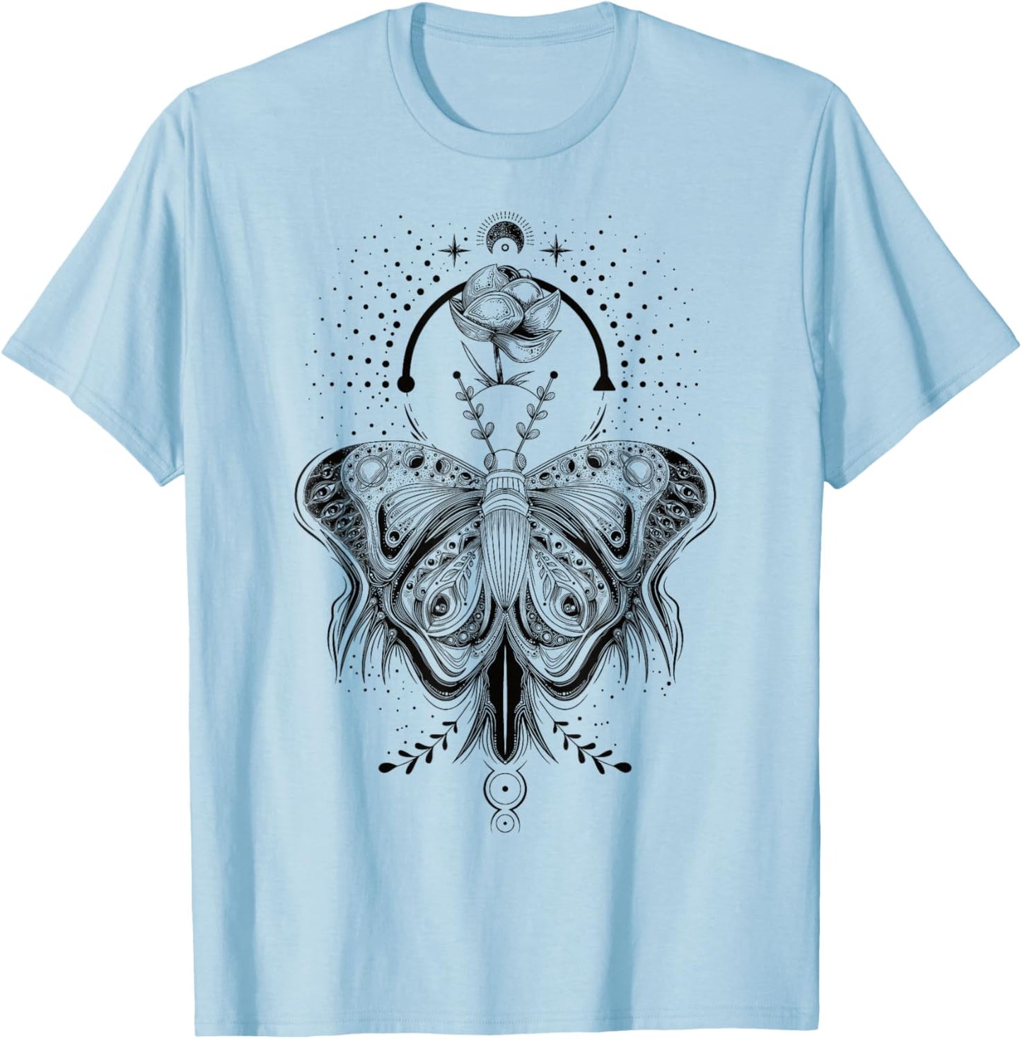 Floral Moth Butterfly Flower Celestial Geometry T-Shirt - T-Shirt | Light Blue