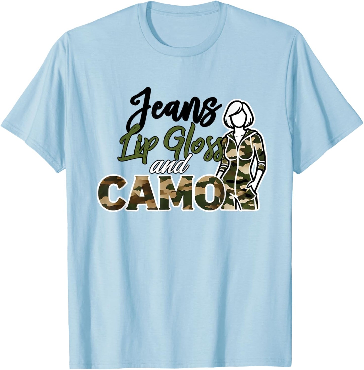 Jeans Lip Gloss Camo Sayings Graphic Orange T-Shirt - T-Shirt | Light Blue