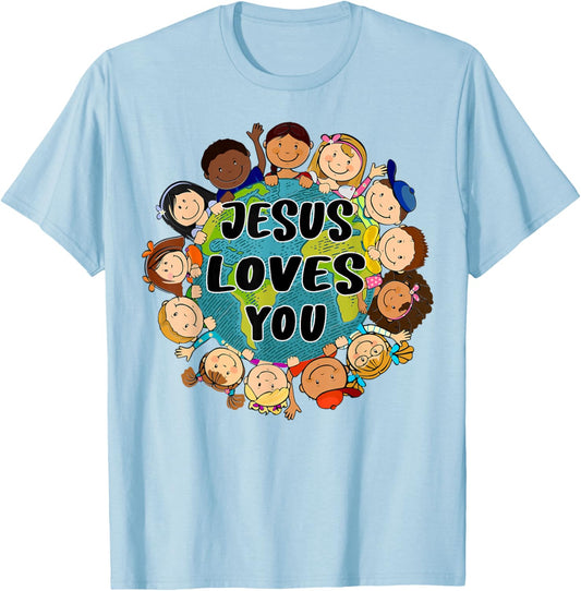 Christian Faith Jesus Loves You Boys Women Kids Girls T-Shirt - T-Shirt | Light Blue