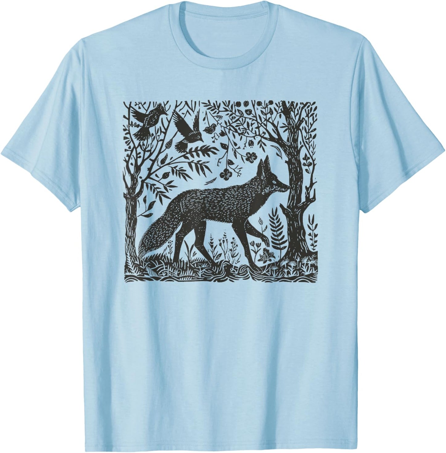 Folklore Forest Fox Lino Print T-Shirt - T-Shirt | Light Blue