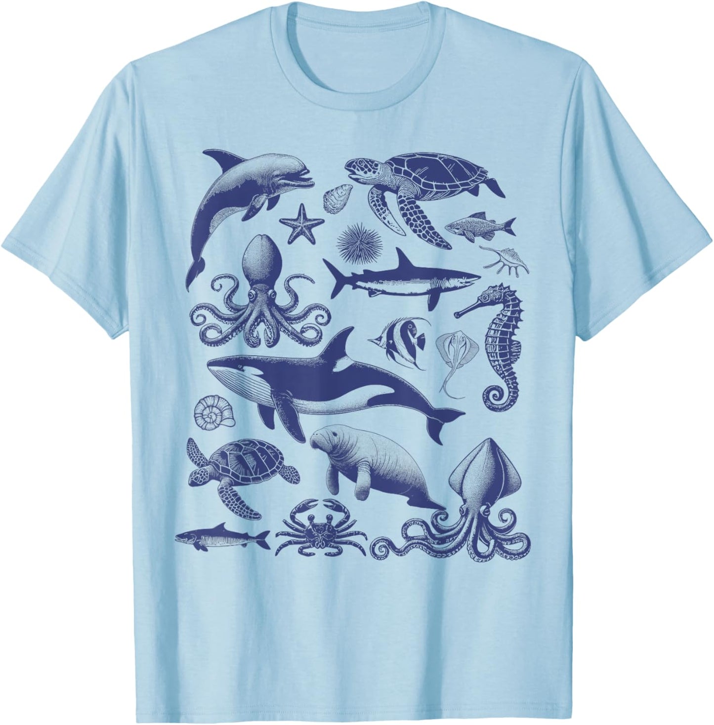 Ocean Wildlife Vintage Shark Turtle Octopus Graphic T-Shirt - T-Shirt | Light Blue