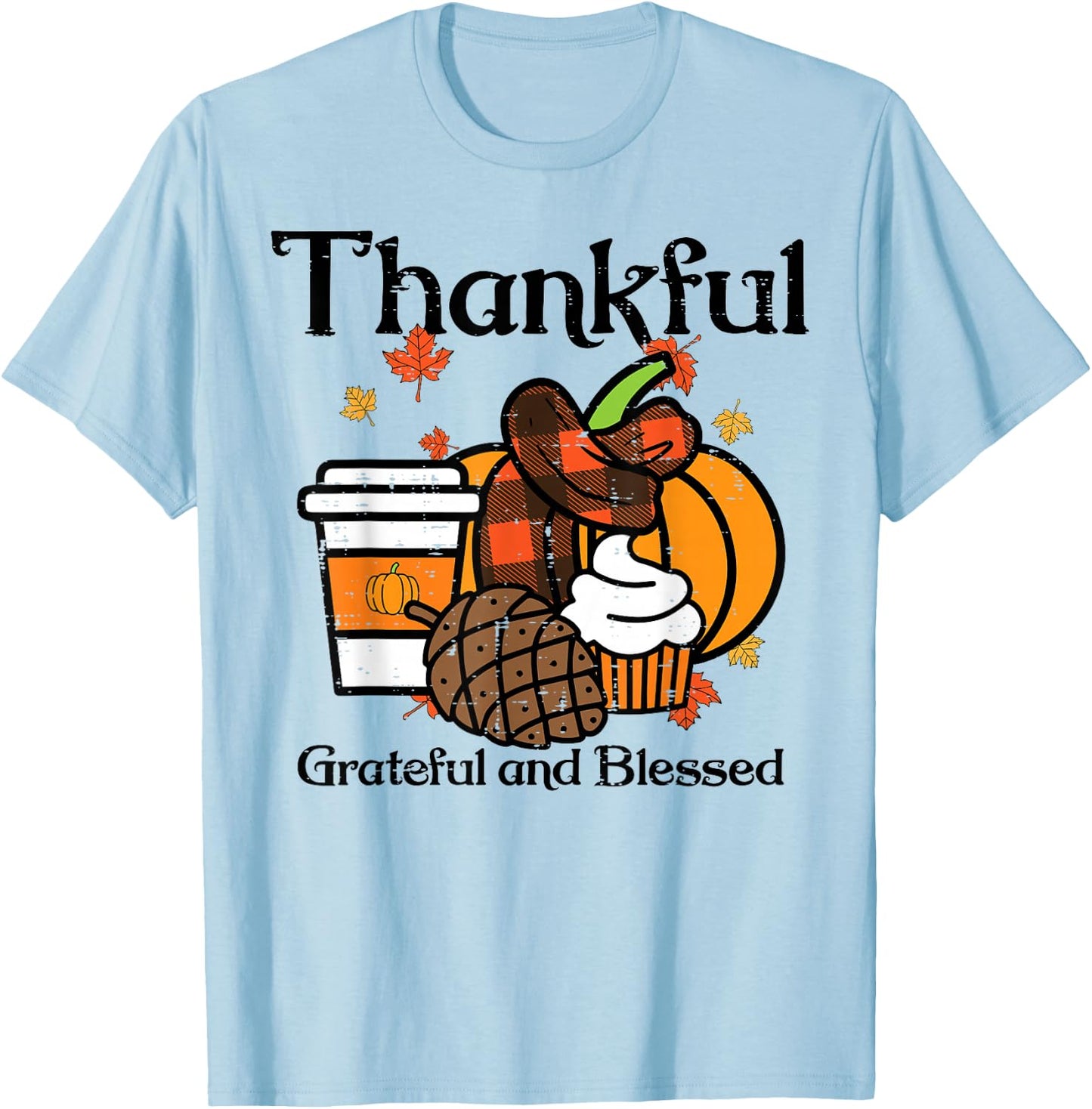 Thankful Grateful Blessed Pumpkin Coffee Thanksgiving Fall T-Shirt - T-Shirt | Light Blue