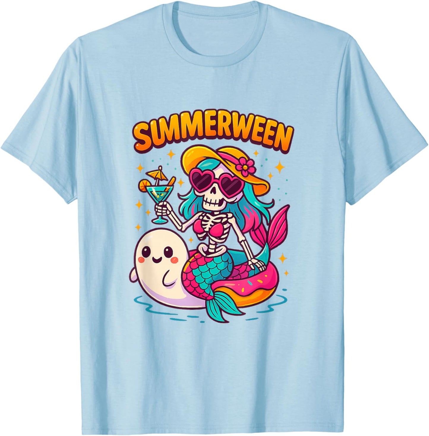 Cute Summerween Mermaid Skeleton Beach Halloween Girl T-Shirt - T-Shirt | Light Blue
